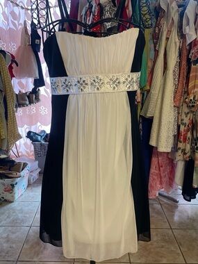 White and Black Strappy Evening Dress with Embellished Waist